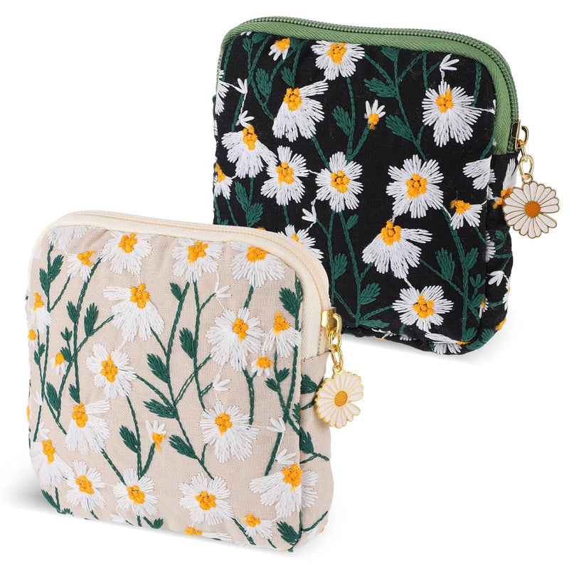 Daisies Sanitary Napkin Storage Bag, 2 Pcs Embroidery Menstrual Cup Pouch Cotton Soft Period Holder Bag Portable Tampon Holder Pad Pouch Period Kit Bag for Women Teen Girls