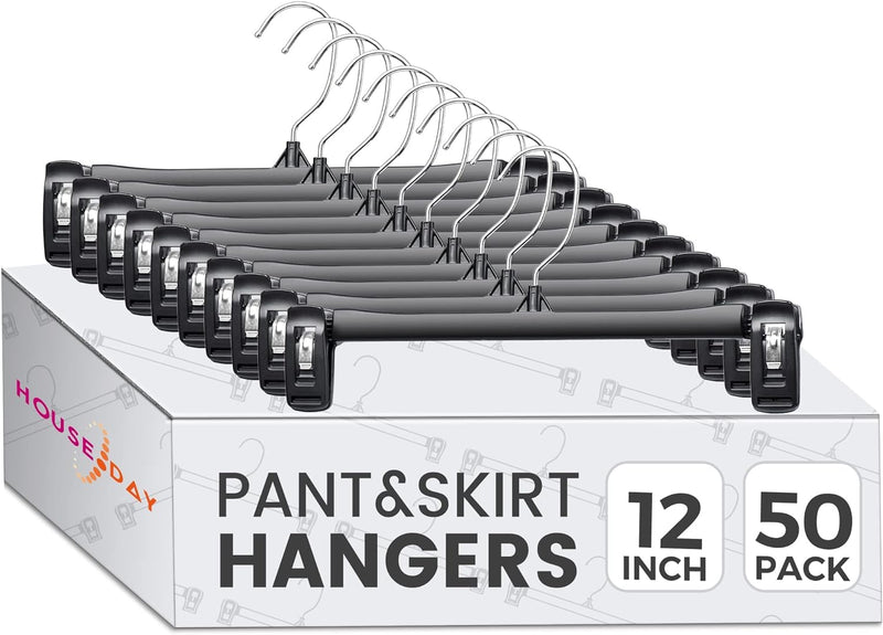 Black Pants Hangers 50 Pack, 12 Inch Skirt Hangers with Non-Slip Big Clips and 360° Swivel Hook, Heavy Duty Slim Plastic Pants Hangers, Space Saving Clip Hangers for Pants, Skirts, Shorts