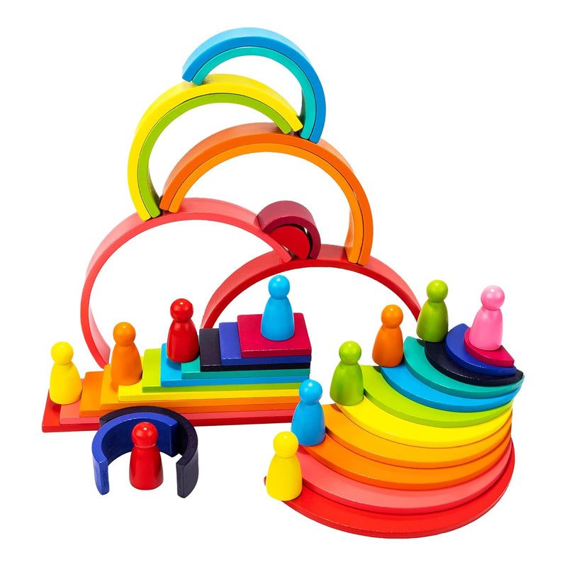 Wooden Rianbow Stacker Playset, 4 In 1 Rainbow Stacking Toys Building Block