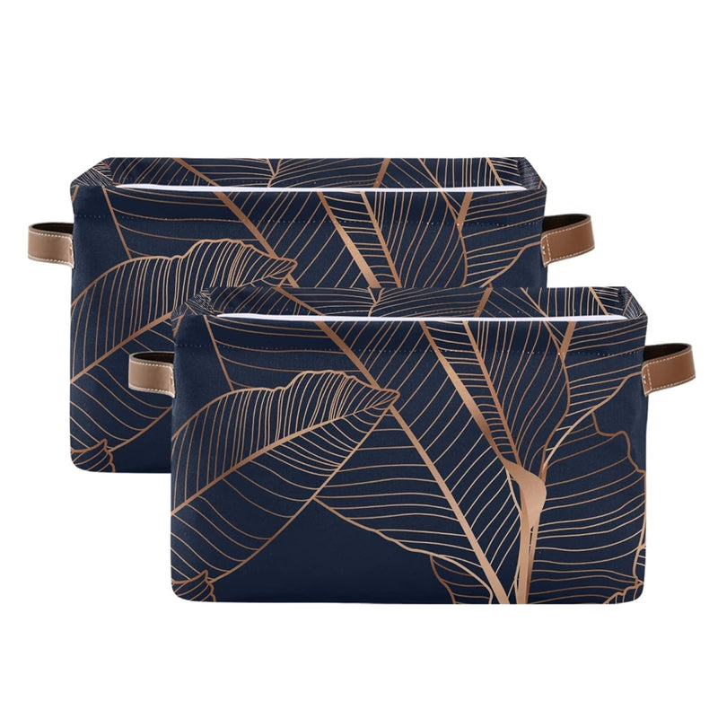 Large Foldable Storage Bin Gold Palm Leaves Navy Blue Fabric Storage Baskets Col