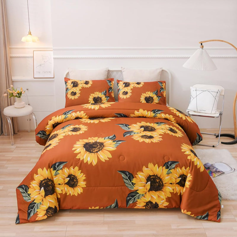 Sunflowers Comforter Set Queen Yellow Floral Botanical 3-Pieces Microfiber Bed