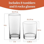 Province Tumbler and Rocks Glass Set, Elegant Drinkware Glasses Set, Tall Drinking Glasses with Modern Lines, Drinking Glasses Set of 16