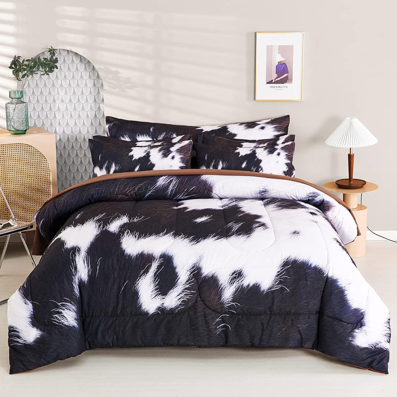 Cow Print Comforter Set Queen Size, 8Pcs Cow Fur Print Bed In A Bed, Western H