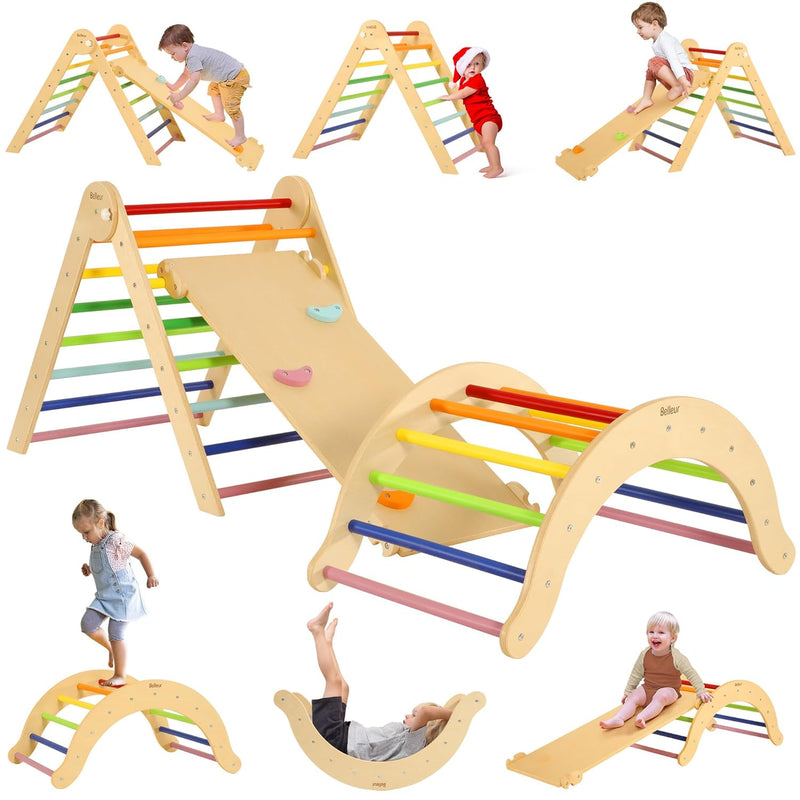 7 In 1 Wood Pikler Triangle Set, Foldable Toddler Climbing Toys Indoor, Mon