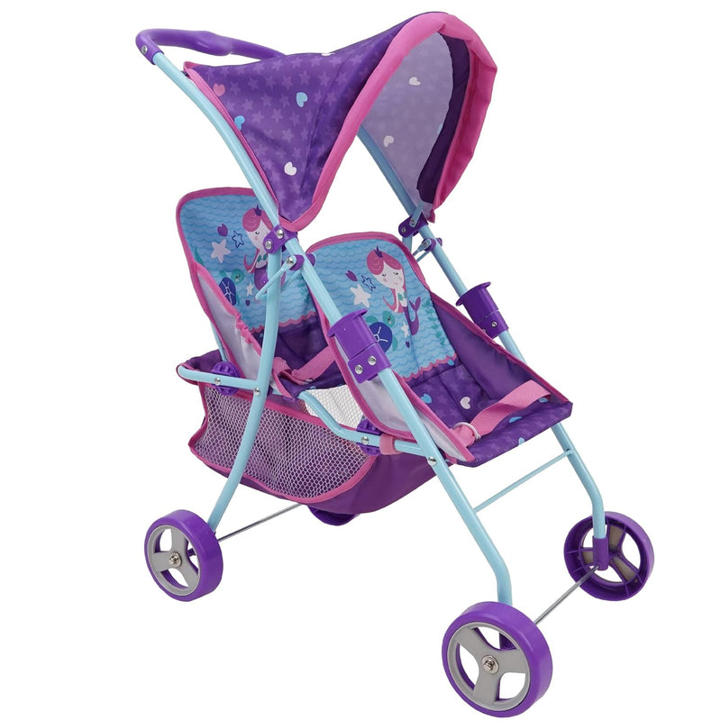 Crew Mermaid Twin Doll Stroller Kids Pretend Play, Retractable Canopy, Easy