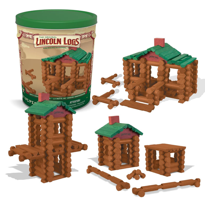 Lincoln Logs – 100th Anniversary Tin, 111 Pieces, Real Wood Logs - Ages 3+