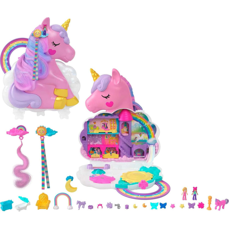 Polly Pocket 2-in-1 Travel Toy, Rainbow Unicorn Salon Styling Head with 2 M