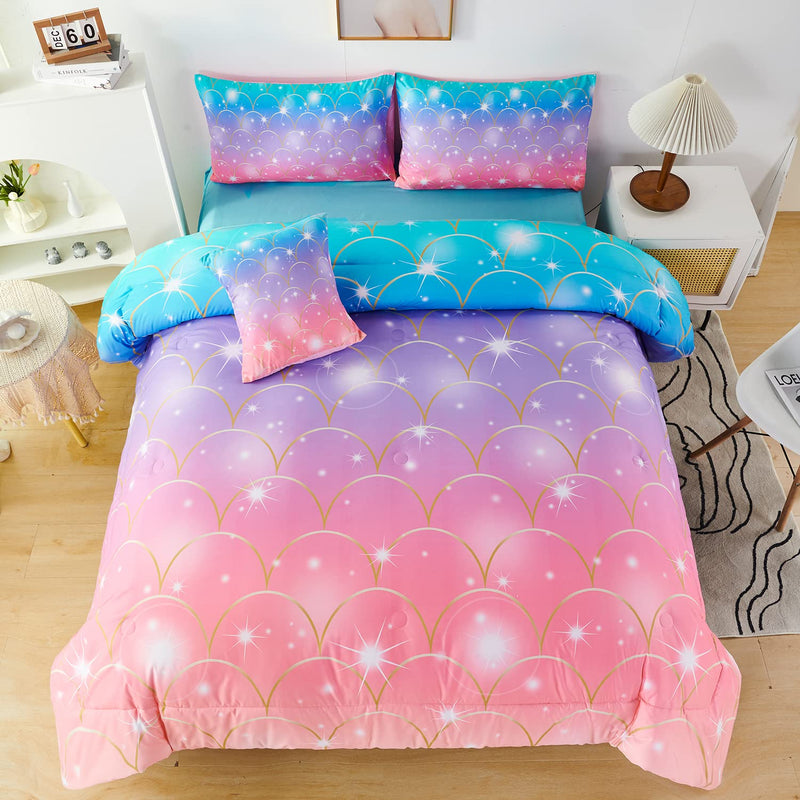 Mermaid Print Girls Comforter Set Full Size - 6 Pieces Bed In A Bag -3D Sparkl
