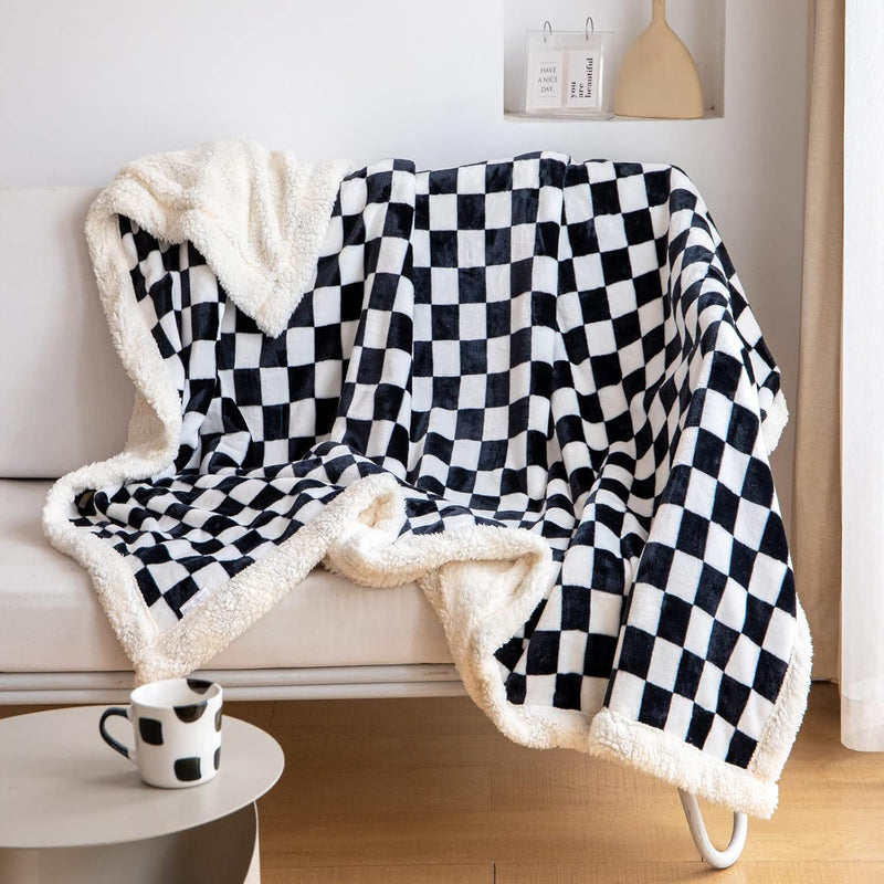 Sherpa Throw Blanket Fleece Blanket With Checkered Pattern Soft Thick Blanket