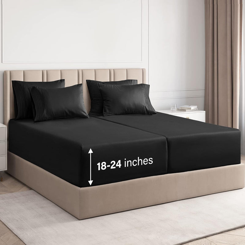 Extra Deep Split King Sheet Set - 7 Piece Breathable & Cooling Sheets - Hotel Luxury Bed Sheets Set - Easy Fit - Soft, Wrinkle Free & Comfy Sheets Set - Black Sheet Set W/Extra Deep Pockets