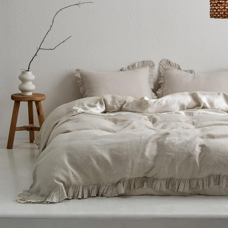 100% Washed French Linen Duvet Cover Set-Queen Size-3 Pieces Premium Ruffled F