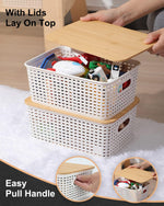 Storage Bins with Lids 6 Packs, Plastic Storage Bins with Bamboo Lids for Pantry Organization and Storage Containers for Shelves Drawers Desktop Closet Playroom Classroom Office Home, White