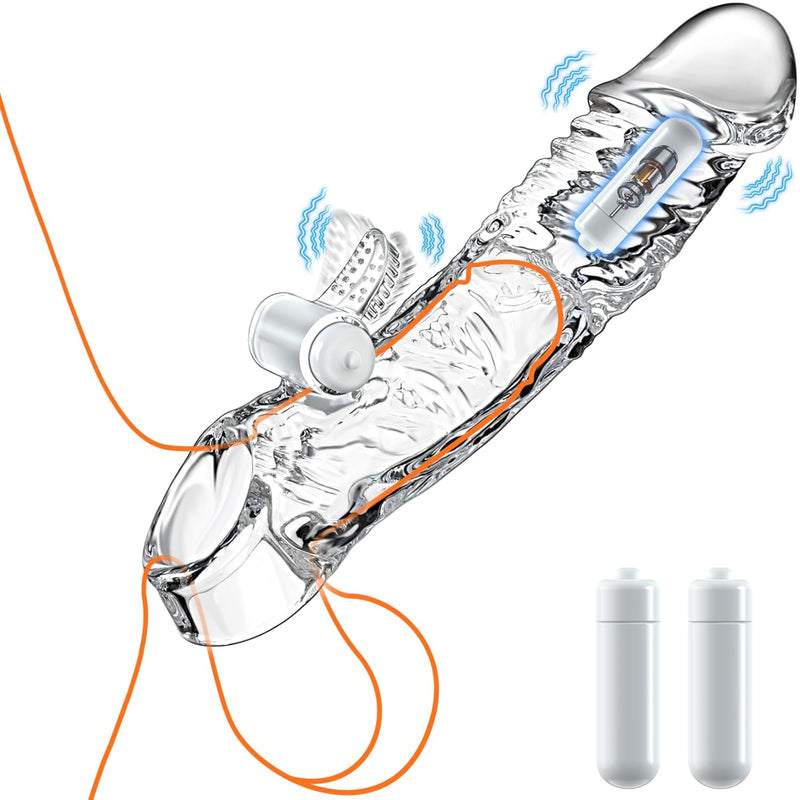 Vibrating Penis Sleeve Sex Toys - 3.5 Inch Clear Penis Extender With Two Bullets, Realistic Penis Enlarger With Cock Ring, Reusable Penis Extension With Clitoral Stimulator For Adult Men