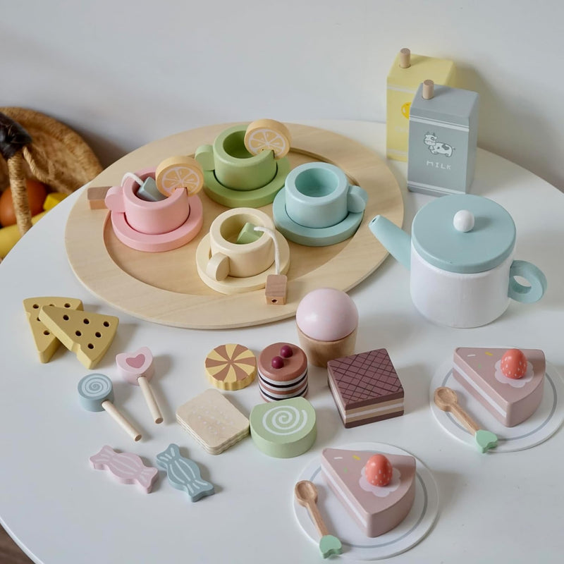 Wooden Tea Party Set For Little Girls, 30 Pcs Wooden Tea Set For Toddlers 3 5,