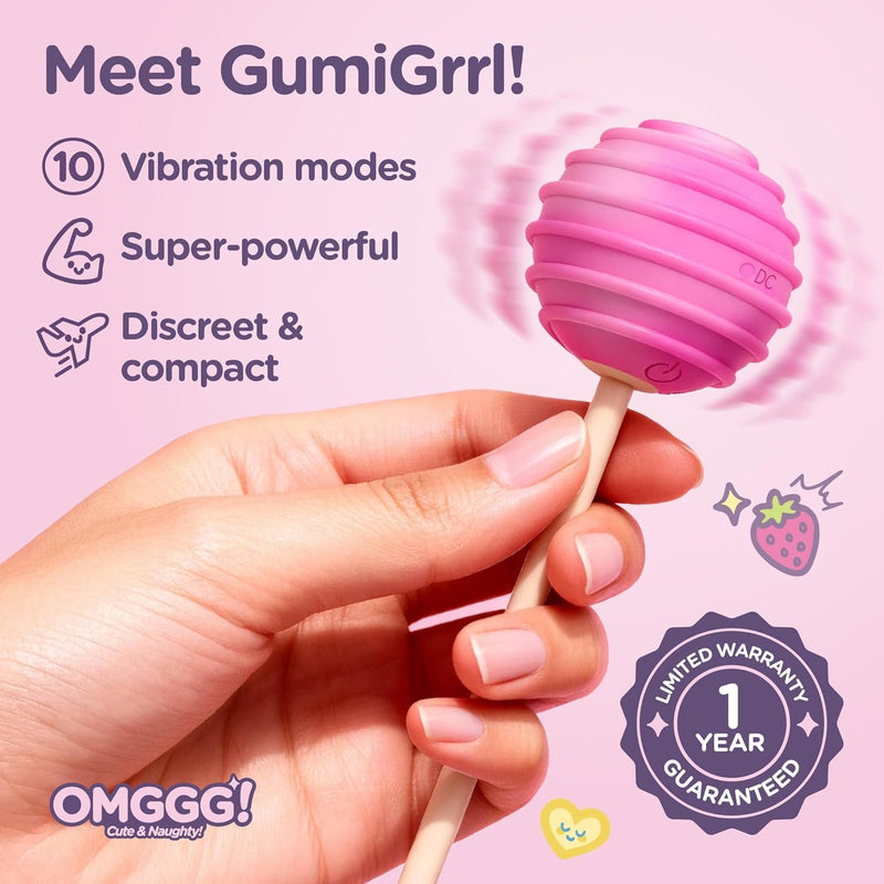 Gumigrrl Cute Discreet Lollipop Shaped Clitoral Vibrator – 10-Speed Silicone Adult Sex Toy, Rechargeable & Splashproof Pink Personal Massager