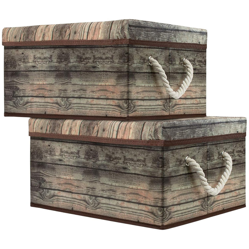 Storage Box Set With Lid, Carry Handles, Foldable Frame, Rustic Wood Grain Print