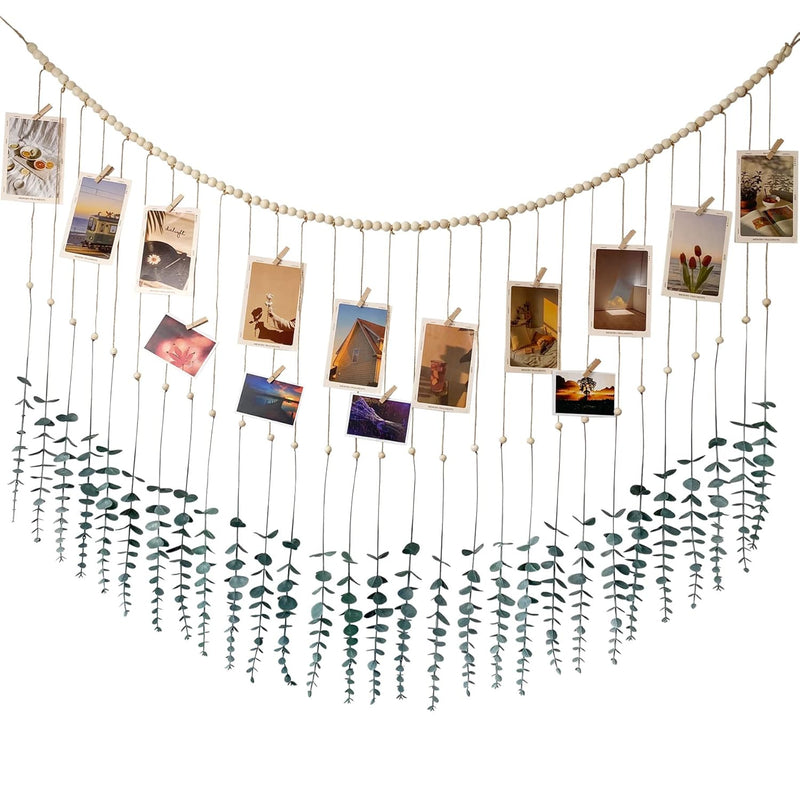 Hanging Eucalyptus Photo Display With 50Pcs Clips, Artificial Green Leaf Wood
