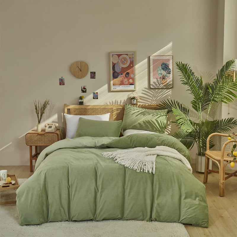Sage Green Velvet Comforter Sets Queen Light Green Fluffy Bedding Solid Color