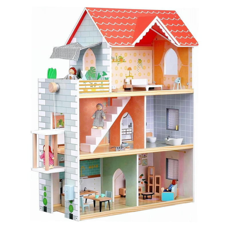 Red Roof Wooden Dollhouse With Furniture Set For Girls, 2.6 Feet High With