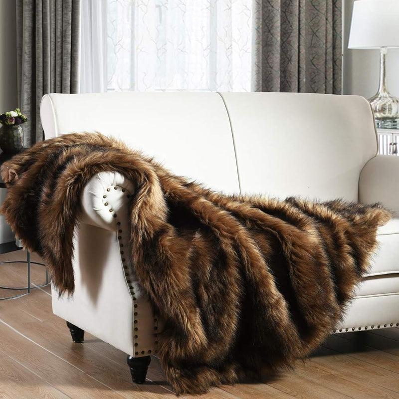 Luxury Plush Faux Fur Throw Blanket, Long Pile Brown With Black Tipped Blanket