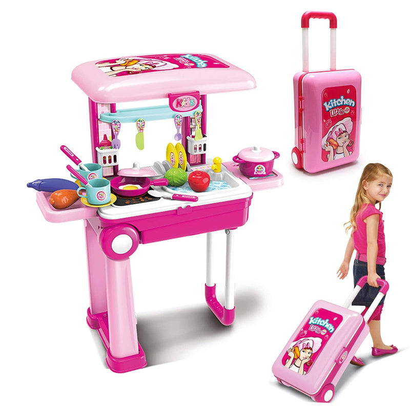 2 In 1Travel Luggage Turn Into Play Kitchen, Kids Kitchen Playset Toys With 25