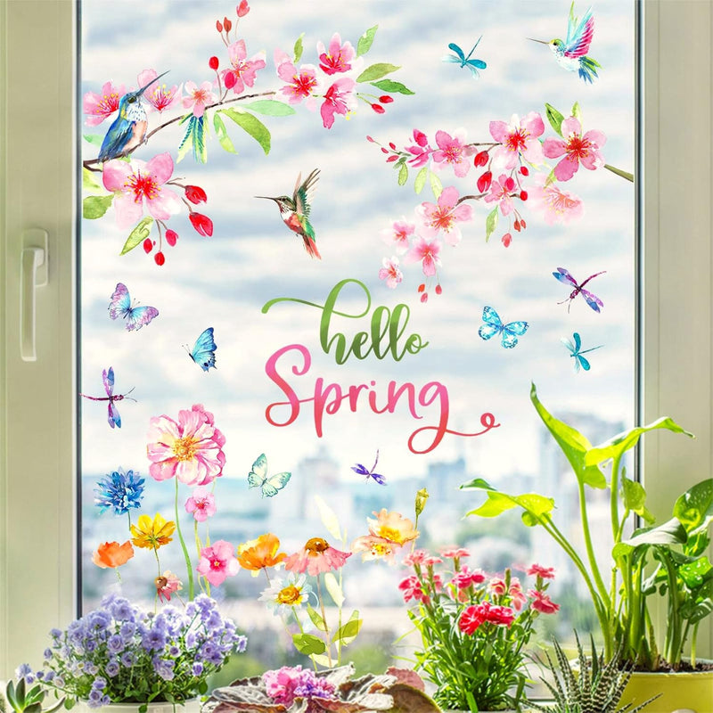 Hello Spring Hummingbirds Flowers Window Clings 9 Sheets, Birds Floral Sticker