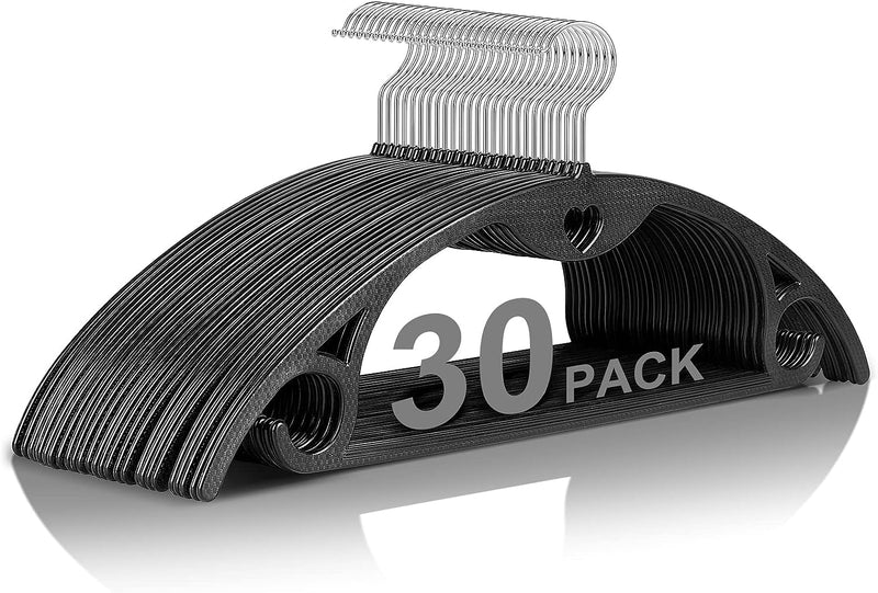 Plastic Hangers - Black Clothes Hangers No Shoulder Bumps & 360°Swivel Hook Thin Hangers Space Saving for Closet, Heavy Duty Adult Coat Hangers Non Slip Fit for Suits Pants Overcoats - 30 Pack