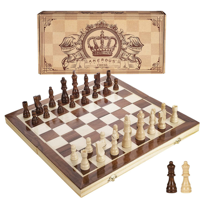 AMEROUS 15 Inches Magnetic Wooden Chess Set - 2 Extra Queens - Folding Boar