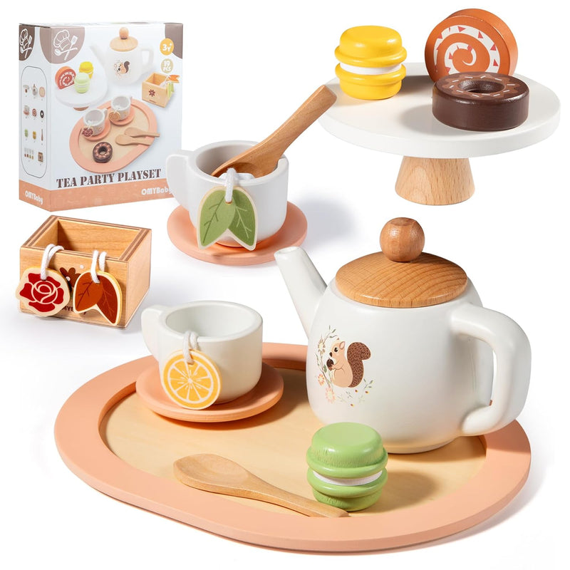 Wooden Tea Set For Little Girls, 19Pcs Tea Party Playset With Teapot, Tea Cups