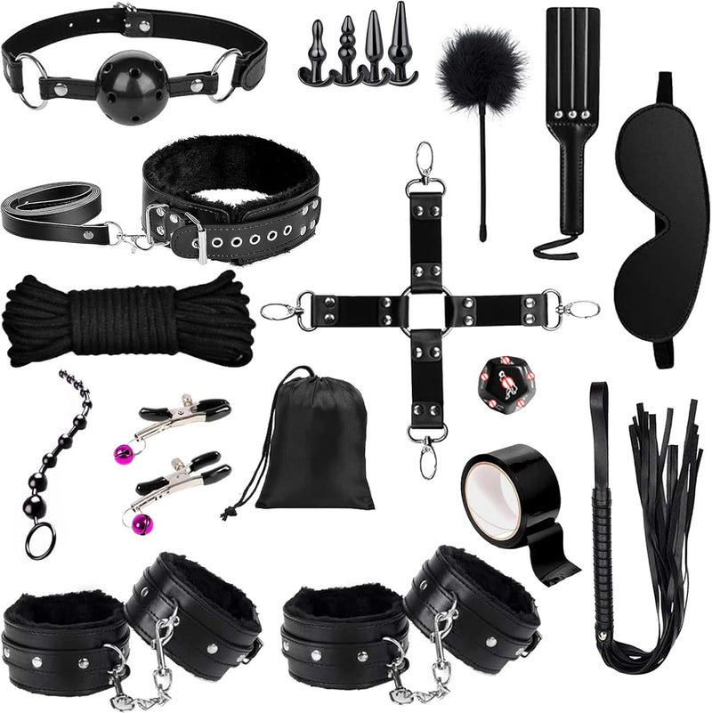 23PCS Bondage Restraint Kit – Upgraded Leather BDSM Set with Storage Bag