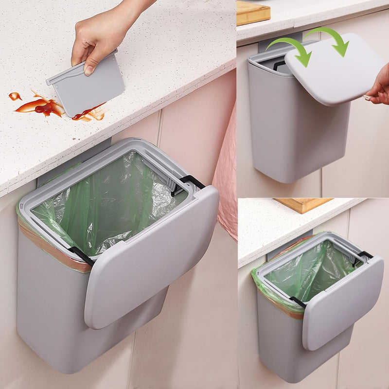 2.4 Gallon Small Kitchen Trash Can With Lid,9L Hanging Trash Can For Kitchen Cab
