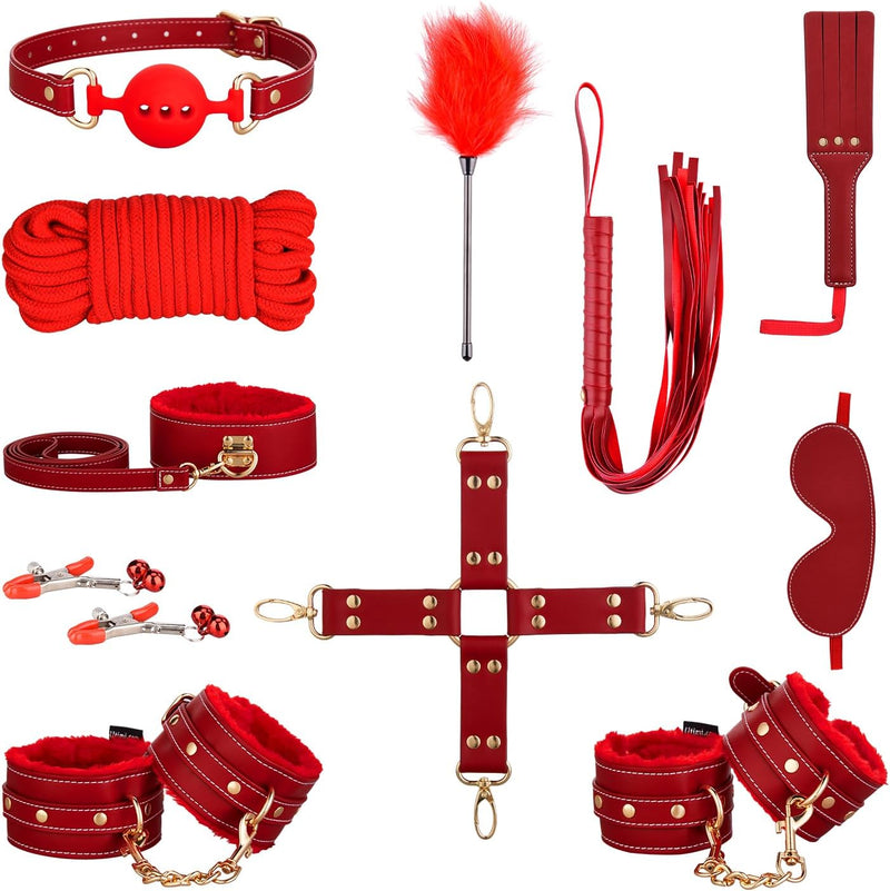 11-Piece Bondage Restraint Kit – Adjustable Cuffs, Collar, Blindfold & More (Red)