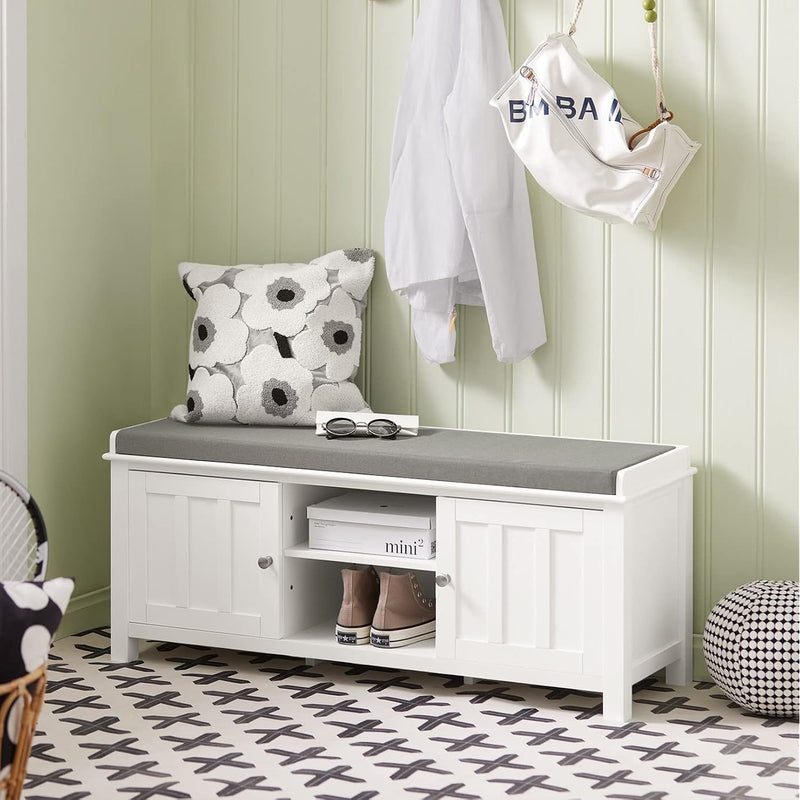 Fsr35-W, White Storage Bench With 2 Doors, Shelf & Removable Seat Cushion, Sho