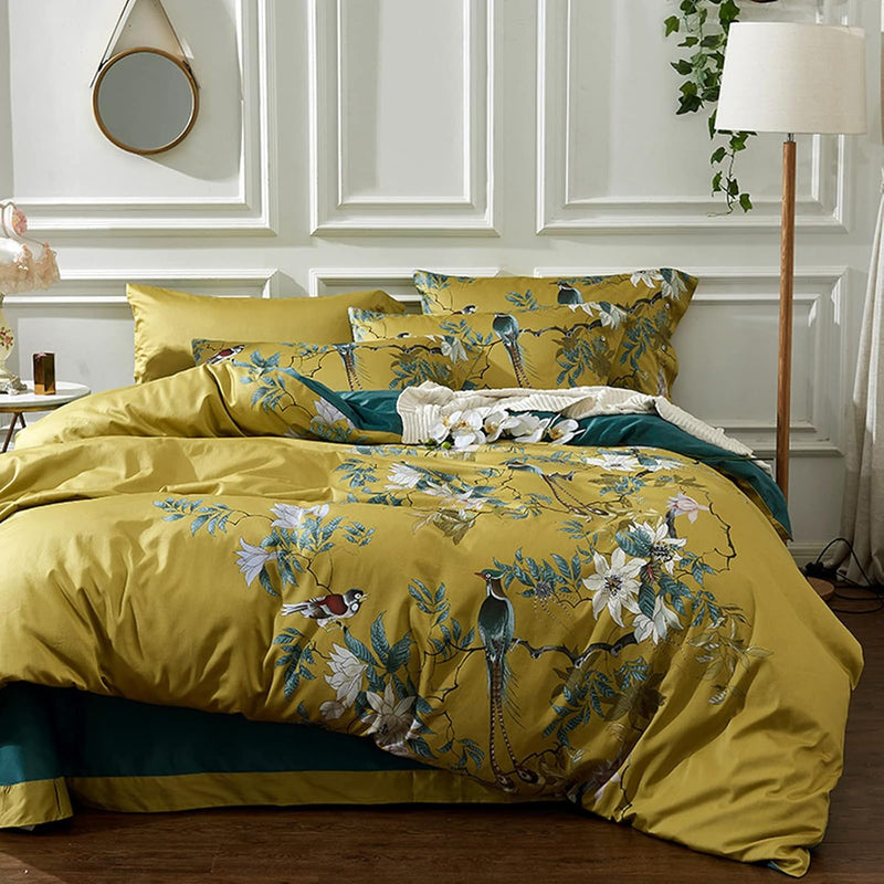 Garden Style Cotton Flowers And Birds Pattern Printed Duvet Cover Reversible D