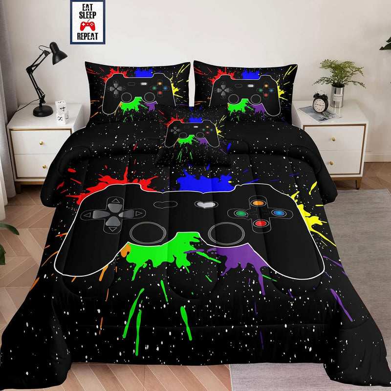 Boys Gamer Comforter Sets Queen Size For Kids Bedding,5 Piece Bed In A Bag Gam