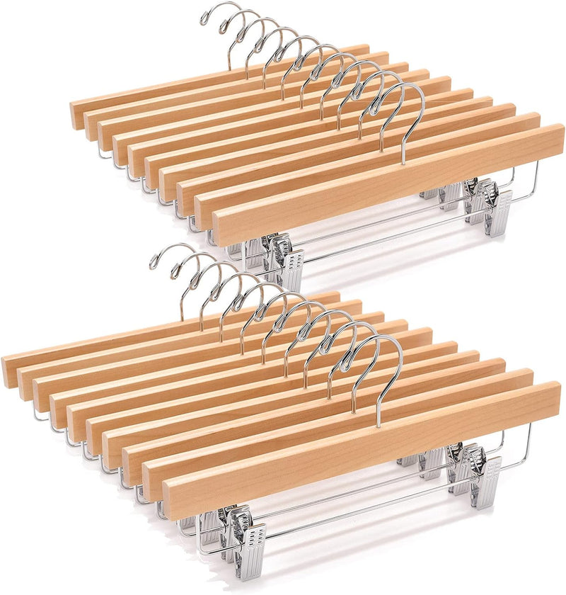 Wooden Pants Hangers with Clips 25 Pack, Wood Skirt Hangers for Women, 14 Inch Hangers for Pants with Clips, Solid Wood Pants Hangers for Men, 360 Swivel Hook Bottom Hangers (Natural)