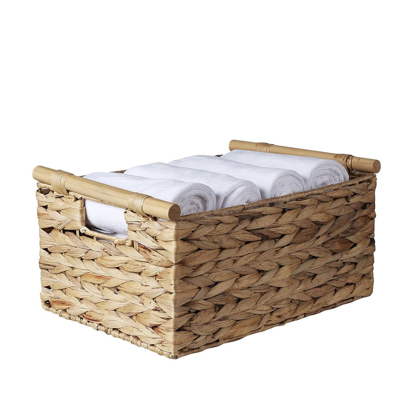 Water Hyacinth Storage Baskets With Wooden Handle Hand-Woven Rectangular Wicker