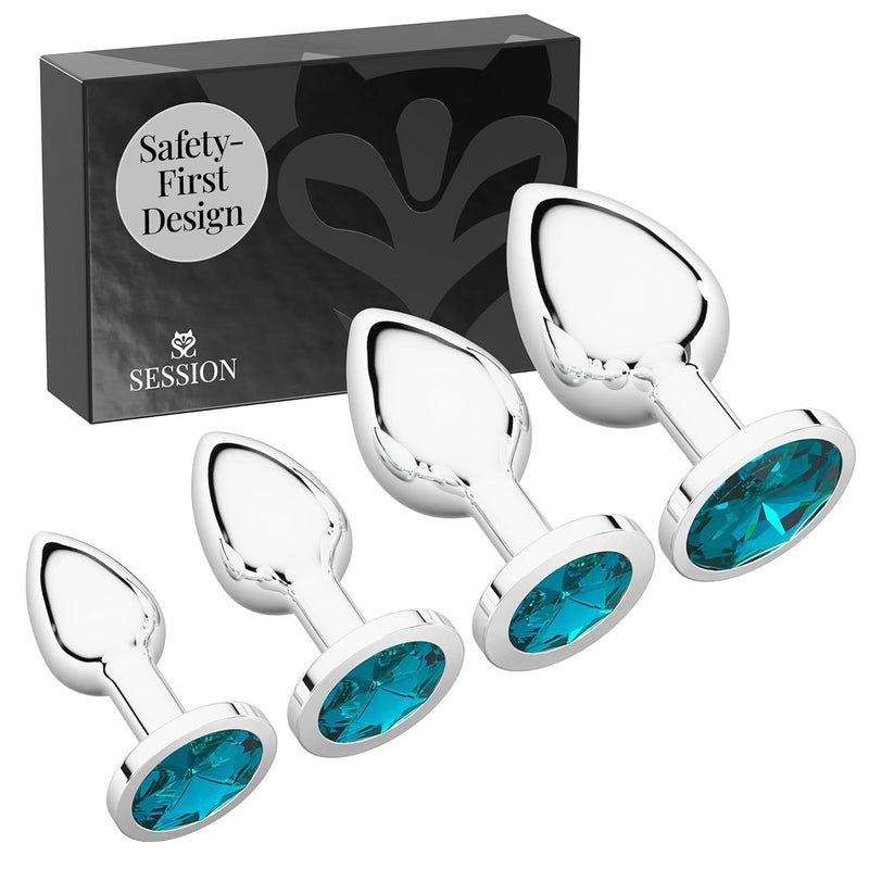 Jewel Butt Plug Beginner 4 Piece Set - Extra Small, Small, Medium, Large - Wide Base Prevents Slippage - Metal Anal Sex Adult Toy For Men & Women - Silver & Teal - Circle Shaped Charm