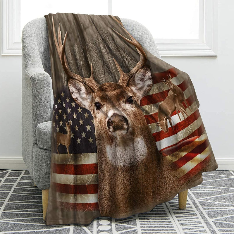 Blanket Us Flag With Deer Forest Soft Warm Print Throw Blanket Adults Gift Sof