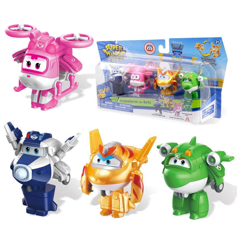 Super Wings 2" Transform-a-Bot 4-Pack, Supercharged Paul, Dizzy, Golden Boy