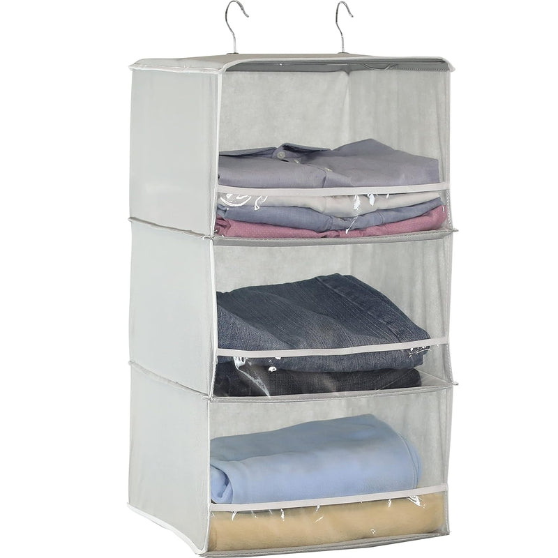 3 Shelves Hanging Closet Organizer With Front Stopper, Grey