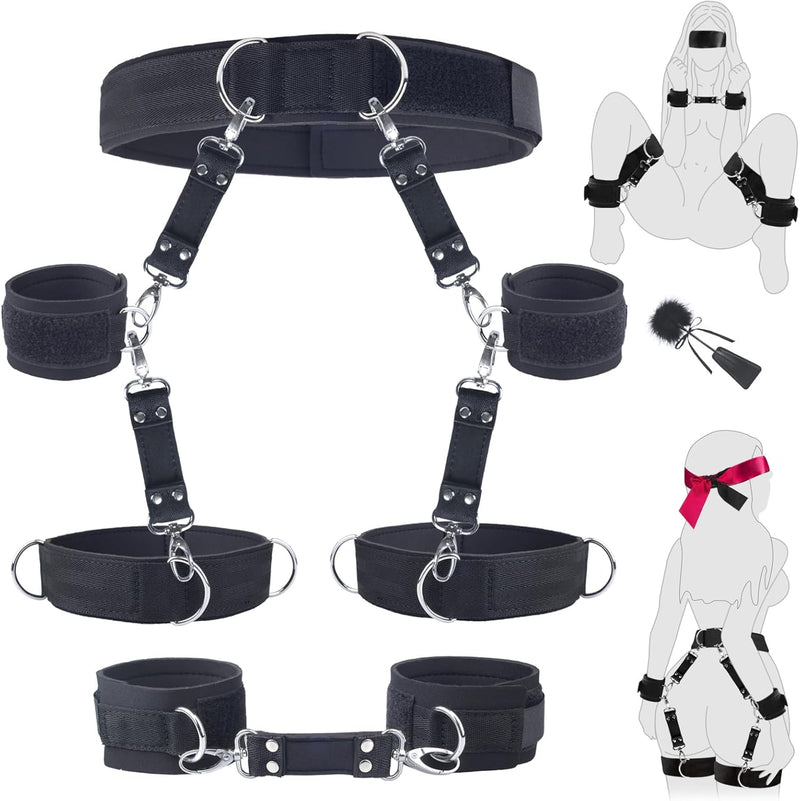 7-Piece BDSM Bondage Set with Adjustable Cuffs, Cross Strap & Blindfold for Couples