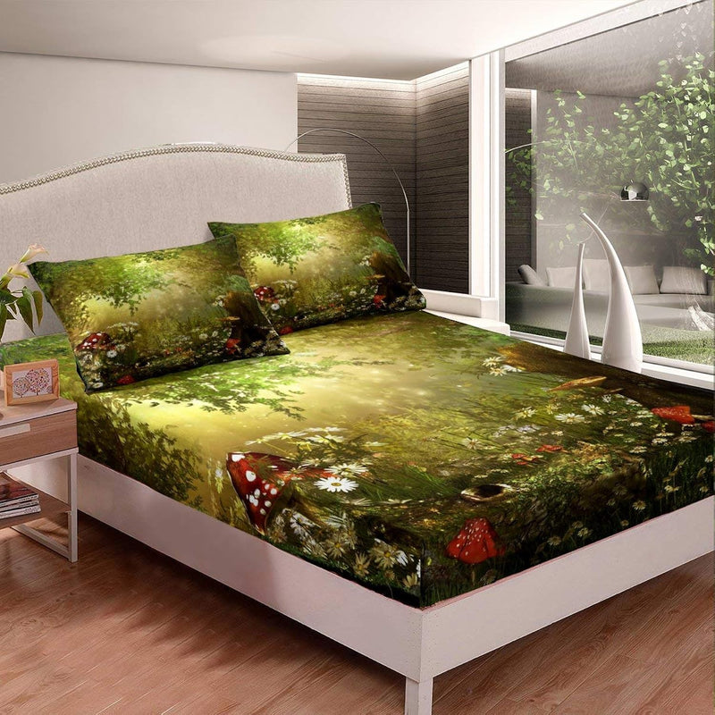 Magic Fitted Sheet Mushroom Fitted Sheet Twin Size Daisy Leaves Branches Sunse