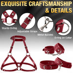 Leather Neck-to-Thigh Chest Harness with Wrist & Thigh Cuffs for Couples Play