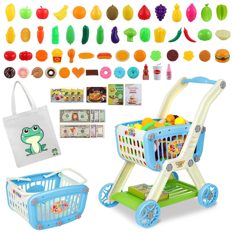 Kids Shopping Cart 2 In 1 Toy Shopping Cart With Play Food Fruit Vegetable Des