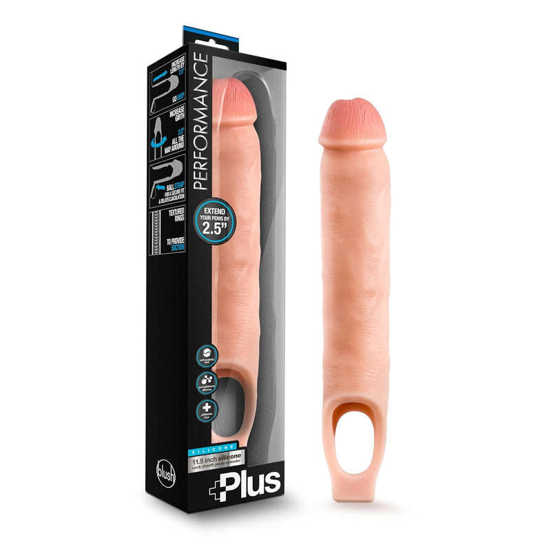 Blush Performance Plus 11.5" Penis Extender Sleeve W/Ball Strap, Adds 2.5" Length & 2" Girth - Purio Liquid Silicone Cock Sheath, Ribbed Secure Fit Male Size Enlarger Adult Sex Toy For Men - (Beige)