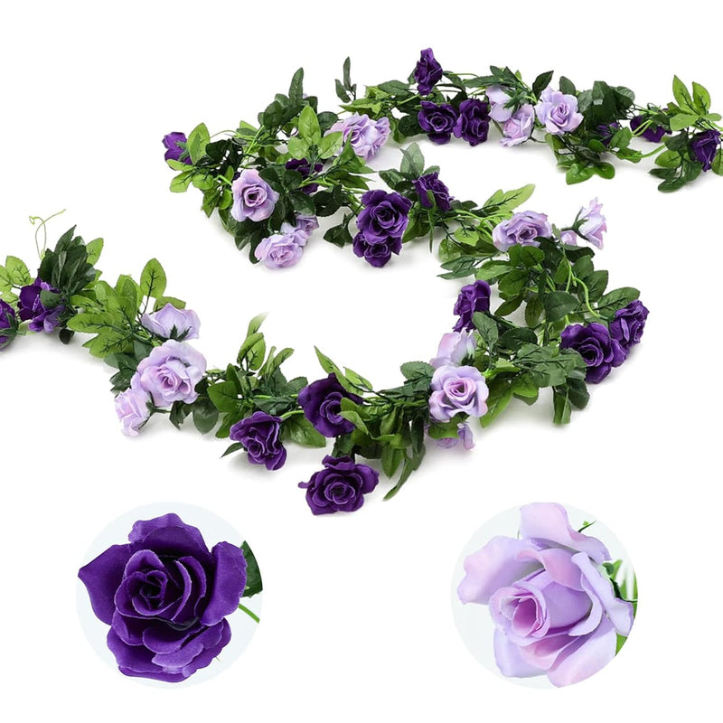 3Pcs 23.7Ft Artificial Purple Rose Flower Garland, Silk Hanging Floral Garland