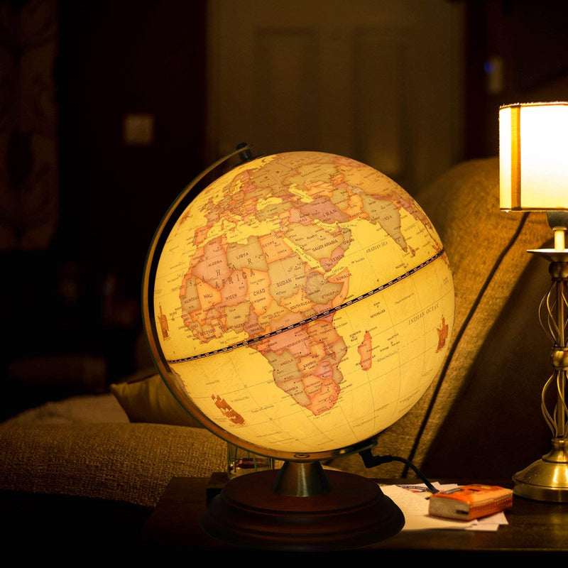 Illuminated World Globe For Adults & Kids With Wooden Stand,Built In Led La