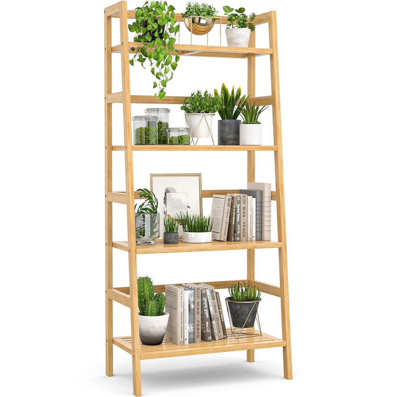 Ladder Bookshelf, 4-Tier Bamboo Ladder Shelf 49.2” Book Shelf Bookcase Floor F