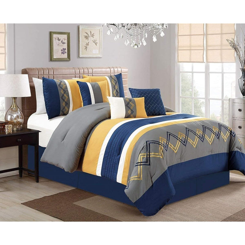 Arden 7-Piece Modern Pleated Stripe Embroidered Zigzag Bedding Comforter Set (